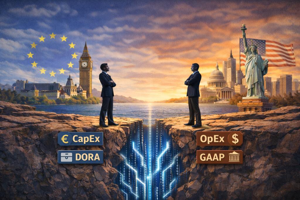 Illustration showing a post-quantum cryptography divide between Europe and the United States, with two business leaders standing on opposing cliffs separated by a digital chasm. European financial and regulatory symbols appear on the left, US financial and accounting symbols on the right, with a glowing data fissure representing the strategic and financial gap.